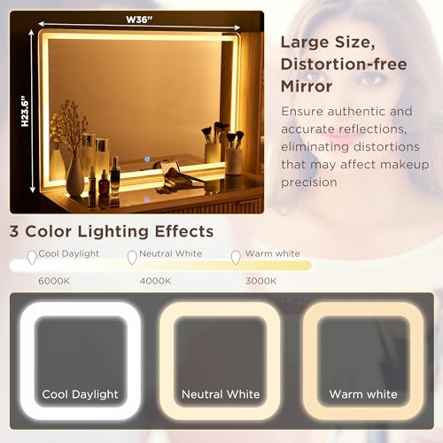 Image of T4TREAM 48 inch Fluted Makeup Vanity Desk with 36 inch Lighted Mirror, Black