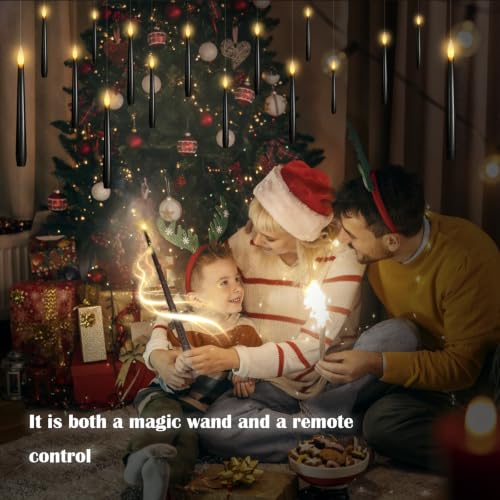 Image of kakoya Flameless Floating Candles with Wand,12 Pcs Magic LED Hanging Taper Candles,Flickering Battery Operated Taper Candle with Wand Remote for Halloween Decorations Best Gift(Black)