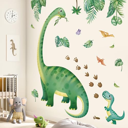 Vinilo decorativo de dinosaurios grandes y hojas tropicales miniatura 3
