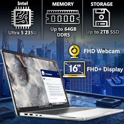 Image of Dell Pro 16 Plus PB16250 (Replaces Latitude 5550) AI Business Laptop 16 inch FHD+ Intel Core Ultra 5 235U, 64GB DDR5 RAM, 1TB SSD PCIe, Wi-Fi 6E, Backlit Keyboard, HD Webcam, RJ-45, W11Pro - Silver