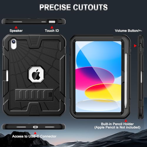 Sibeitu for iPad A16 Case 11th Generation 11 Inch 2025 / iPad 10th Generation Case 10.9 Inch 2022, Rugged Heavy Duty Military Grade Protective Cover Built-in Pencil Holder for i Pad 11/10 Gen, Black
