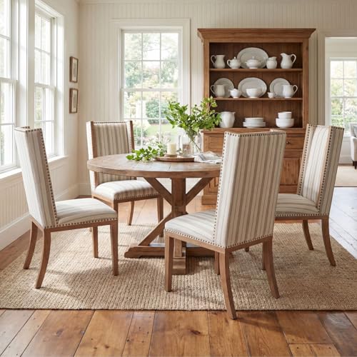 Striped High Back Dining Chairs Set of 4, Upholstered Parsons Dining Chairs with Solid Wood Legs and Nailhead Trim, Farmhouse Wingback Side Chairs for Dining Room, Beige Stripe