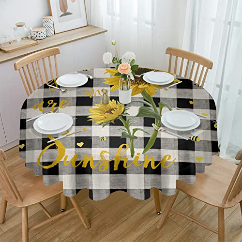 Round Tablecloth-60Inch,Farm Sunflower Bumble Bee Buffalo Check Table Cloth Waterproof Oil-Proof Tablecloths Washable Tablecover For Kitchen Dining Buffet Tabletop Pastoral Floral Sunshine Quotes #TOP16