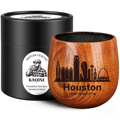 KAQISE 3.5In Charred Wooden Whiskey Glass — Houston City Engraved Whiskey Tumbler, Wood Bourbon Glass for Men, Whiskey Whiskey Grail Unique Texas Themed Gift for Him Dad Husband,Bar Accessory