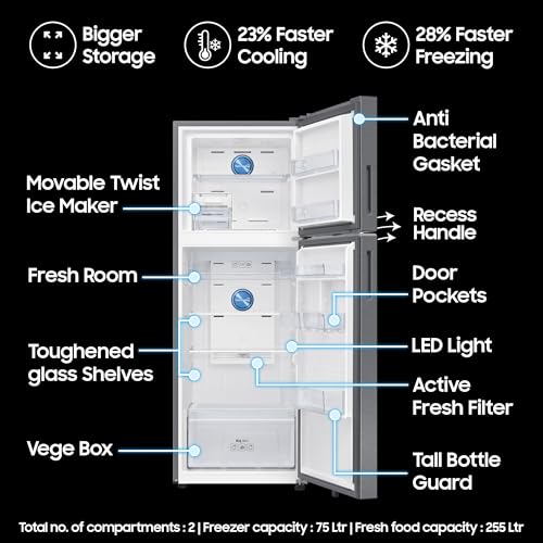 Image of Samsung 330 L, 3 Star, Convertible 5-in-1, Digital Inverter, Frost Free Double Door, WiFi Enabled Bespoke AI Refrigerator (RT34DG5A4DS8HL, Elegant Inox, Silver)