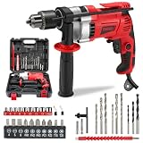 TEENO Trapano a Percussione Elettrico Filo 910 W, Trapano a Percussione Cablato 0-3000 giri/min con pulsante di velocità variabile, 38 Accessori, Mandrino 13 mm, Mattoni, Legno, Acciaio