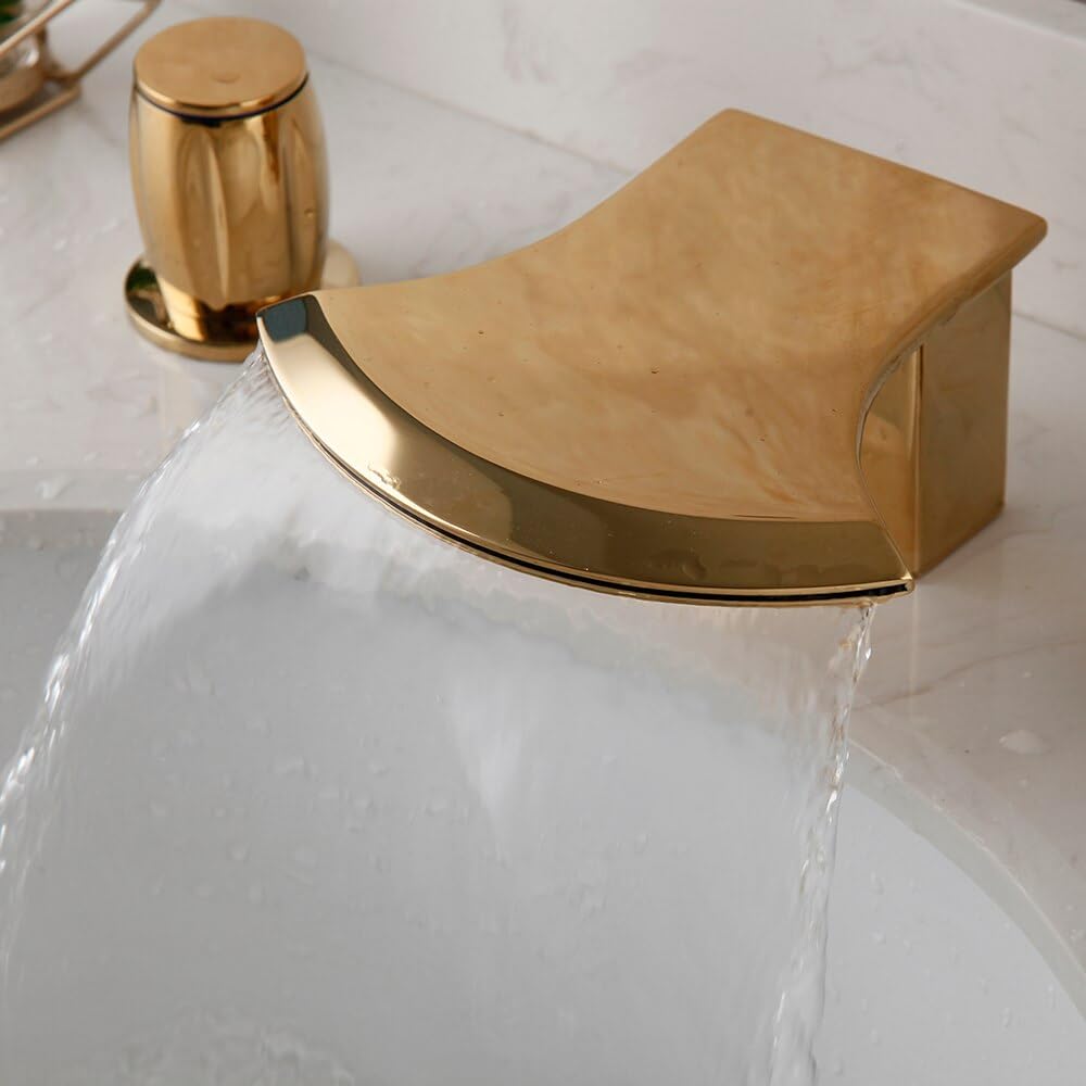 Mitigeur cascade laiton massif doré pour lavabo salle de bain et baignoire sur plage style C