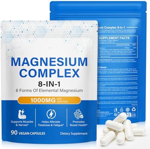 Magnesium Komplex Hochdosiert 8-in-1 | 1000mg Elementares Magnesium | Premium Magnesium Bisglycinat, Malat & Citrat | 90 Vegane Kapseln