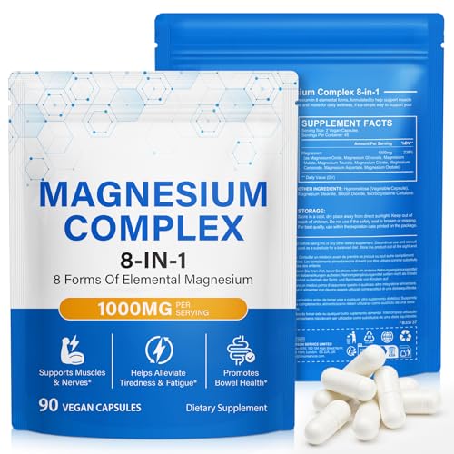Magnesium Komplex Hochdosiert 8-in-1 | 1000mg Elementares Magnesium | Premium Magnesium Bisglycinat Malat & Citrat | 90 Vegane Kapseln
