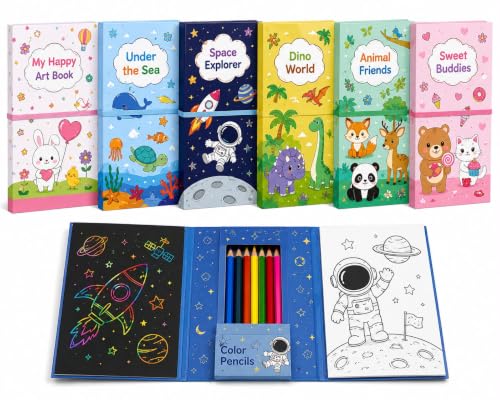 Image of Returngifts - Pack of 6 Coloring Book Sets for Kids birthday return gifts I Art & Craft Kit with Colouring Sheets, Pencils, Scratch book | Return Gifts for kids birthday party for age 3, 4, 5, 6, 7, 8, 9 years old. Random colour design