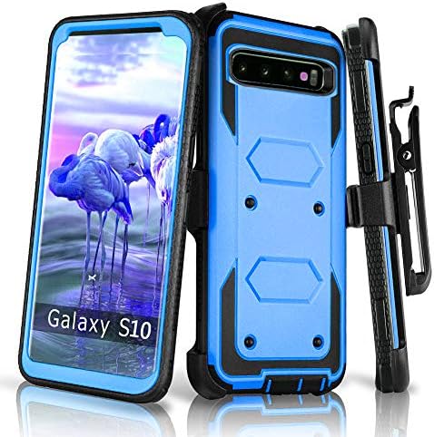 Holster Phone Case for Galaxy S10+ Plus with Swivel Belt Clip, Heavy Duty Full Body Protection Shockproof Kickstand Cover for Women Men Girls Boys [Without Built-in Screen Protector], Blue