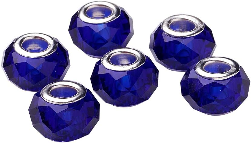 NBEADS 100PCS Midnight Blue Faceted Rondelle Crystal Glass Beads Handmade Lampwork European Large Hole Beads with Silver Tone Brass Cores Jewelry Beading Finding Supplies Crafts Accessories