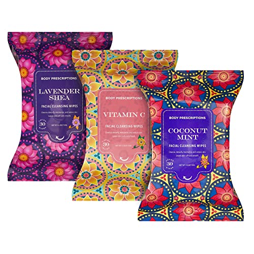 Facial Cleansing Wipes | Vitamin C, Coconut Mint And Lavender Shea Face Cleansing And Gentle Makeup Remover Wipes – 3 Pack (30 Count Each), 90 Towelettes | Body Prescriptions #TOP15