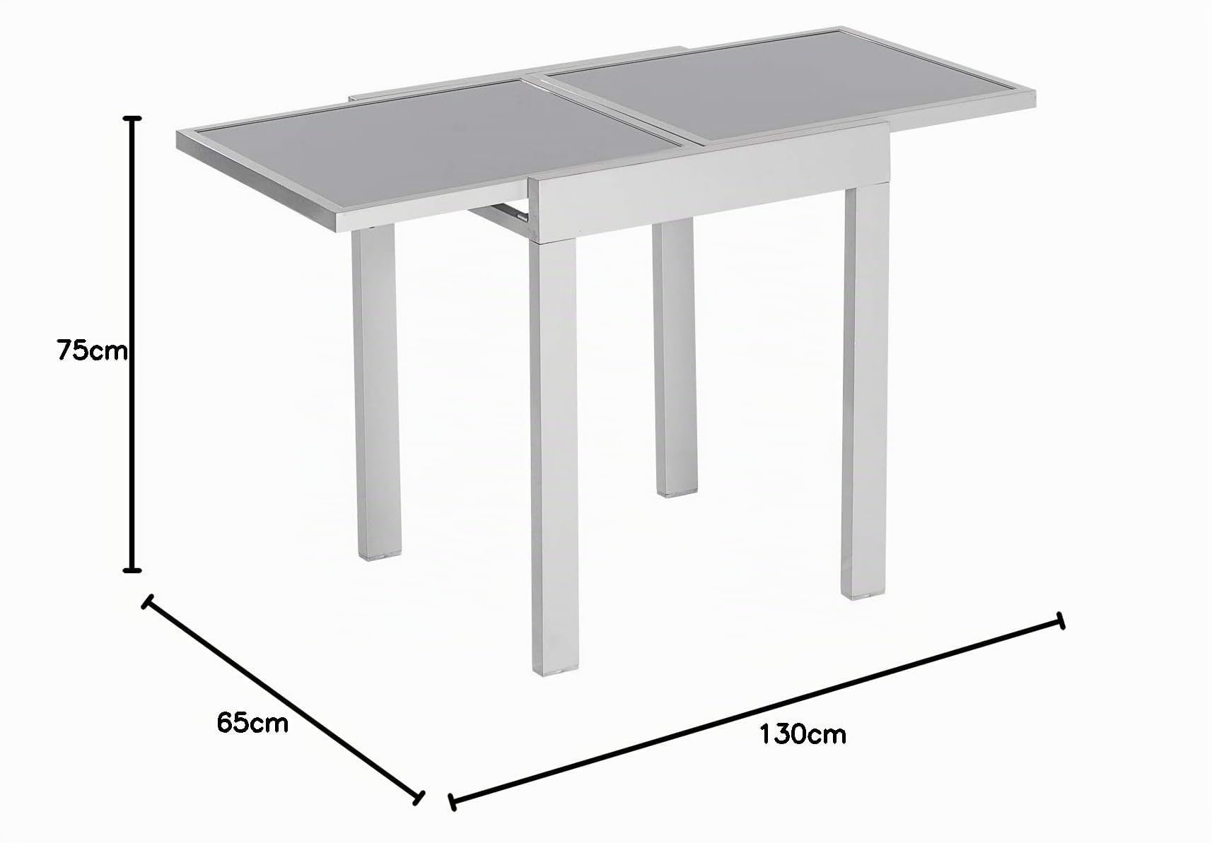 MERXX Balkontisch aus Aluminium und Glas, ca. 65/130x65x75 cm, ausziehbar