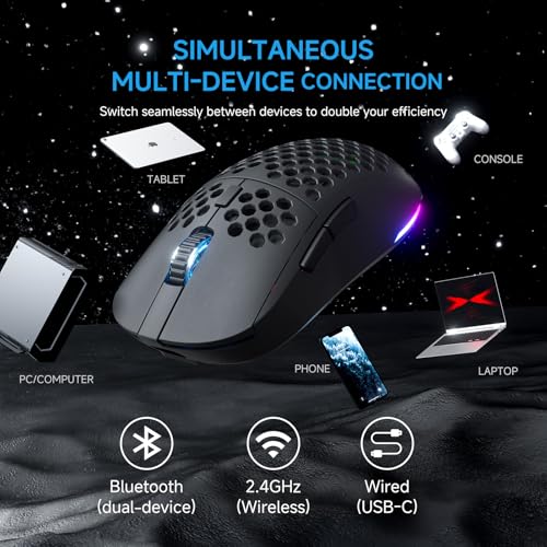 Image of TMKB Falcon M1 Wireless Gaming Mouse, 24000 DPI, 180-Hour Battery, Black | Optical Sensor, 90g Ergonomic Honeycomb Design, 6 Programmable Buttons, RGB Strip, 2.4GHz, BT5.2 and USB-C Wired Connectivity