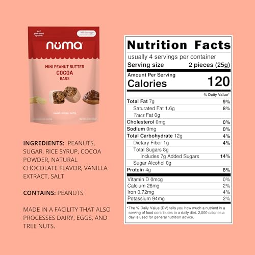 Image of Numa Mini Peanut Butter Cocoa Bars - Vegan, Low Sugar, High Protein, Natural, Gluten Free - Crunchy Plant Based PB Snacks - 3 Bags with 8 Individually Wrapped Chocolate Protein Bars