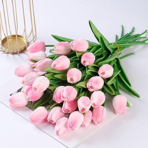 Image of Sggvecsy 30 Pcs Fake Tulips Artificial Flowers Real Touch PU Faux Flowers Tulip Stems for Wedding Spring Bouquet Floral Arrangement Home Party Office Decorations for Mother's Day (Light Pink)