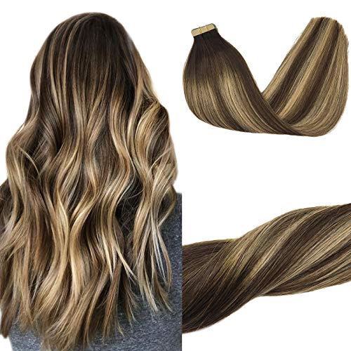GOO GOO 22inch Tape in Human Hair Extensions Ombre Chocolate Brown to Honey Blonde Real Hair Extensions Tape in Straight 20pcs 50g
