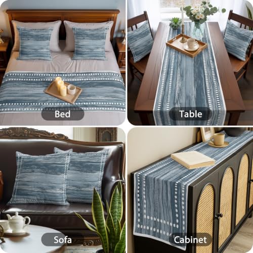 Blue Wood Grain Beds Runner and 2 Matching Pillow Covers Wooden Stripes Square Frames White Dotted Borders Bed Runner Set, Throw Cushion Cover Bedding Scarves for Guesthouse, Hotel Decor 83 x 20 inch - Image 6