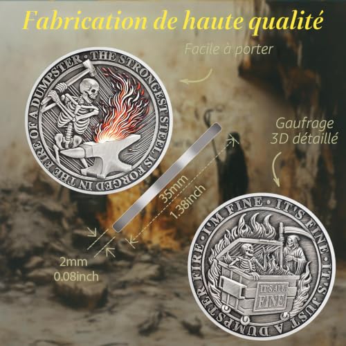Pièce originale Skeleton Dumpster Fire Coin, Grim Reaper Dumpster Accessoire de bureau d'incendie, pièce de défi de pompier, pièces amusantes, jetons de sac, cadeaux de bureau pour hommes et femmes – vue 3