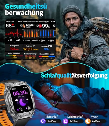 Smartwatch Herren Militär mit 1000mAh Akku/Telefonfunktion,Herzfrequenz/Schlafmonitor/IP68 Wasserdicht/2 Armbänders (Grau) – Ansicht 4