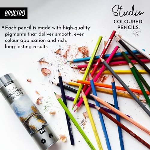 Image of BRUSTRO Studio Colour Pencil Set 24 in a Metal Tube | Break Resistant 3mm Lead,Easy to Blend,High Pigmented,Vibrant Colours,Non-Toxic,Pre-Sharpened | Sketching, Drawing, Portrait,students,kids