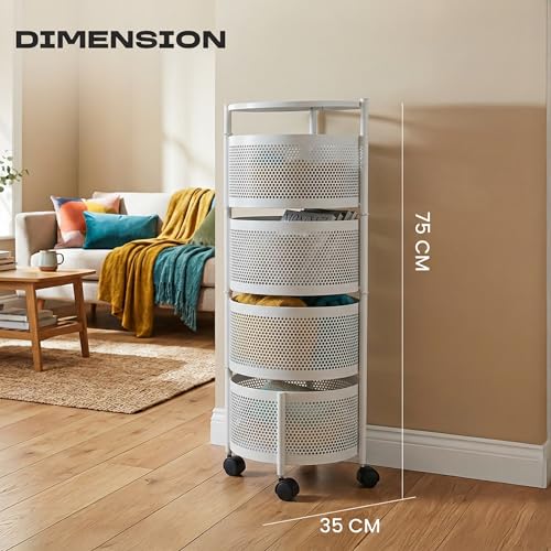 Image of Metal Multi-Purpose Trolley Kitchen Storage Organizer Rack Stand with 360 Wheels | 4 Layer Round Design | Kitchen Accessories Items for Fruit Vegetable Onion Rack for Kitchen (White)