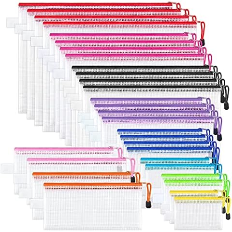 JARLINK 30 Pack 8 Sizes Zipper Mesh Pouch, 10 Colors, Waterproof, PVC Material, Ideal for Office, Travel, Storage Cover