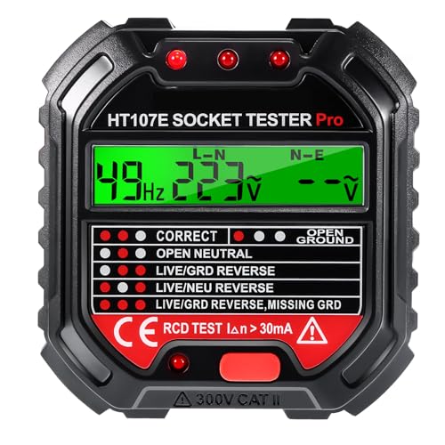 Socket Tester, Digital Circuit Breaker Detector Electric Circuit Polarity Finder Voltage Detector with Bright LCD Display Reference Chart UK, 90-250v, HT107E
