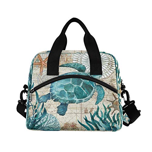 Sea Turtle Retro Map Lunch Bags Box Ocean Nautical Starfish Lunchbox Insulated Lunch Box Cooler Bag Reusable Tote Shoulder Bag Lunch Container Organizer For Women Men Adults Boys Work Picnic Hiking #TOP1