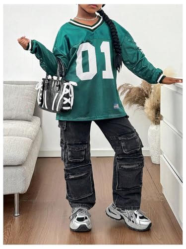 Verdusa Girl's Jersey Graphic Tees Long Sleeve Oversized Tshirts V Neck Drop Shoulder Tops4