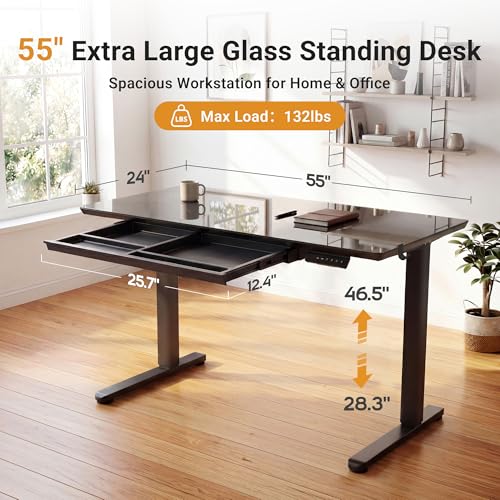 Image of YDN Glass Standing Desk with Drawer, 55 x 24 Inches Electric Adjustable Height Desk, Sit Stand Home Office Desk with Tempered Glass Top, 4 Memory Presets Ergonomic Computer Desk, Black