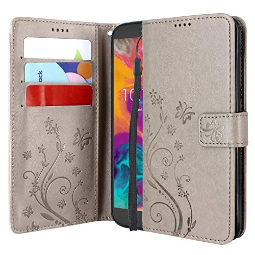 Lacass Floral Butterfly PU Leather Flip Wallet Case Cover Kickstand with Card Slots and Wrist Strap for Coolpad Legacy S 3648A 5.45-inch Case (Grey)