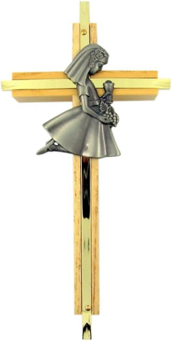 First Communion Oak Wood and Brass Wall Cross with Fine Pewter Girl Casting, 7 Inch