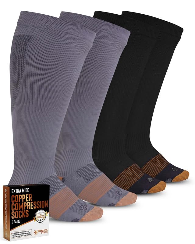 Doctor's SelectDoctor's Select Copper Plus Size Compression Socks Wide Calf - 2 Pairs | 20-30mmHg Extra Wide Calf Compression Socks Women | Copper Compression Socks Men & Women | Extra Wide Calf Compression Socks for Swelling & Circulation Support | Black & Gray