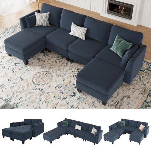 Modular Sectional Sofa, 6 Seat Comfy Modular Sofa Couch with High Density Memory Foam, Convertible U Shaped Sofa Couch for Living Room, Modern U Shaped Sectional Sofa Blue