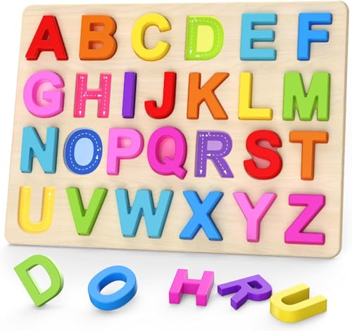 ABC Buchstaben Puzzle, Holzpuzzle Spielzeug 26 Bunt Alphabet Lernen Groß...