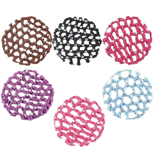 6PCS Crochet Bun Cover Snood Hair Net Rhinestone Decor Colorful Knit Mesh Fabric Bun Holders for Women Girls Ballet Dance Skating Office Pro