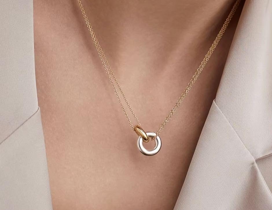 QueenBee Gold and Silver Interlocking Rings Necklace for Women – 14K Gold Plated Layered Chain, Circle Pendant Two-Tone Jewelry Gift for Birthday, Christmas – Hypoallergenic, Mixed Metal2