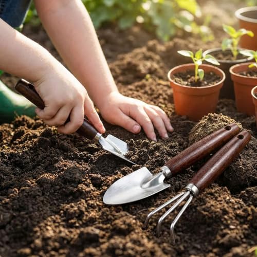 Image of Toddler Gardening Set with Small Shovel, Trowel and Rake | Stainless steel head and walnut wooden handle