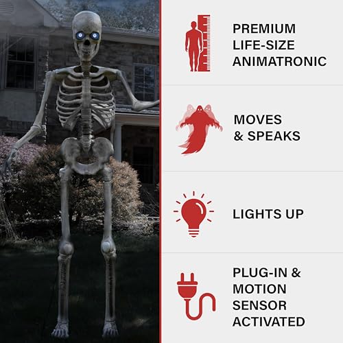 Haunted Hill Farm Motion-Activated 8-Ft. Tall Towering Skeleton, Plug-in Talking Scare Prop Animatronic for Indoor or Covered Outdoor Creepy Halloween Decoration