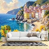 Murales de pared de tamaño personalizado, girasol, aldea costera, mar mediterráneo, paisaje de verano, pintura escénica de playa, tela de pared autoadhesiva (sin PVC), papel tapiz extraíble para sala