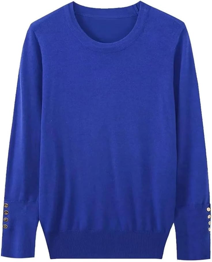 Women's Long Sleeves with Buttons Pullovers High-Stretch Ladies Top White Solid Jumper Crew Neck Sweatshirts