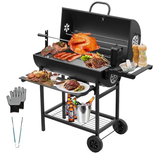 TEENO Chariot à Barbecue de Bois,Grill XXL à Charbon avec Couvercle, Thermomètre,Tiroir à Cendres,Gants anti-brûlures, Évent Réglable,Grand Barbecue au Charbon de Bois (Upgraded (with chicken grill))