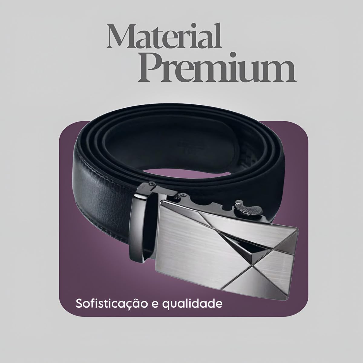 Cinto Social Masculino em Couro, Fivela Automática Geométrica, Preto