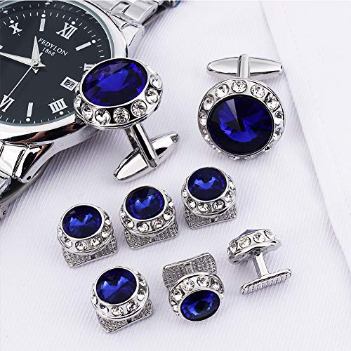Hawson Crystal Cufflinks And 6 Tuxedo Studs Set For Men's Tuxedo Shirt And Women - Wedding Party Accessories - Business Wedding Accessories(Blue) #TOP4