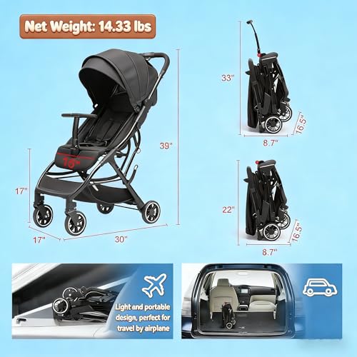 Image of COOL KIDS Portable Stroller with Automatic Fold,Lightweight Umbrella Stroller with Pop Out Sun Canopy,Compact Strollers for Travel(Black) | Need an airplane approved toddler stroller? Slide folded black pram like rolling luggage through airport security.