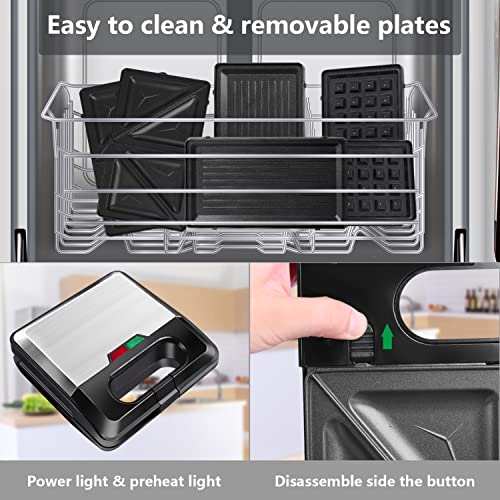 Waffle Maker Iron 3 in 1, Breakfast Sandwich Maker with Nonstick Removeable Plates, 750w Power Panini Press Grill with LED Indicator Lights, Cool Touch Handle, Compact Design, Anti-skid Feet