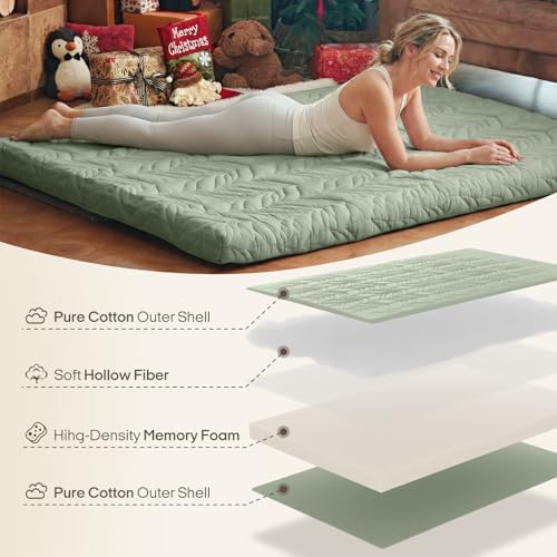 Image of ZonLi Japanese Floor Mattress Futon Mattress King Size, 6 inch Thicken Roll Up Tatami Mat 100% Cotton Washable Cover, Portable & Foldable Floor Bed Mattress for Sleeping, Dormitory, Adult Kids, Green