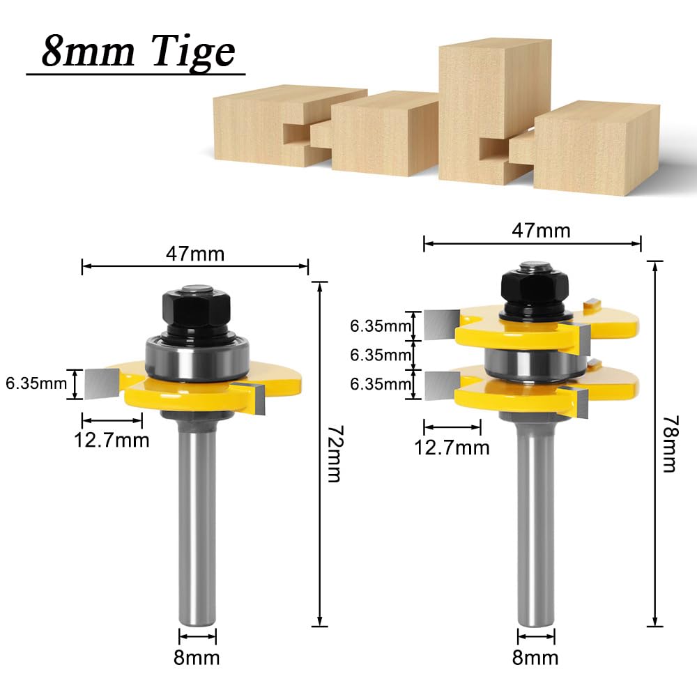 Mesee 8mm Queue Routeur à Rainure, Jeu de 2 Fraises à Rainurer Routeur Bits Outils de Menuiserie Fraise de Rainure en T à 3 Dents pour Travail Coupe du Bois